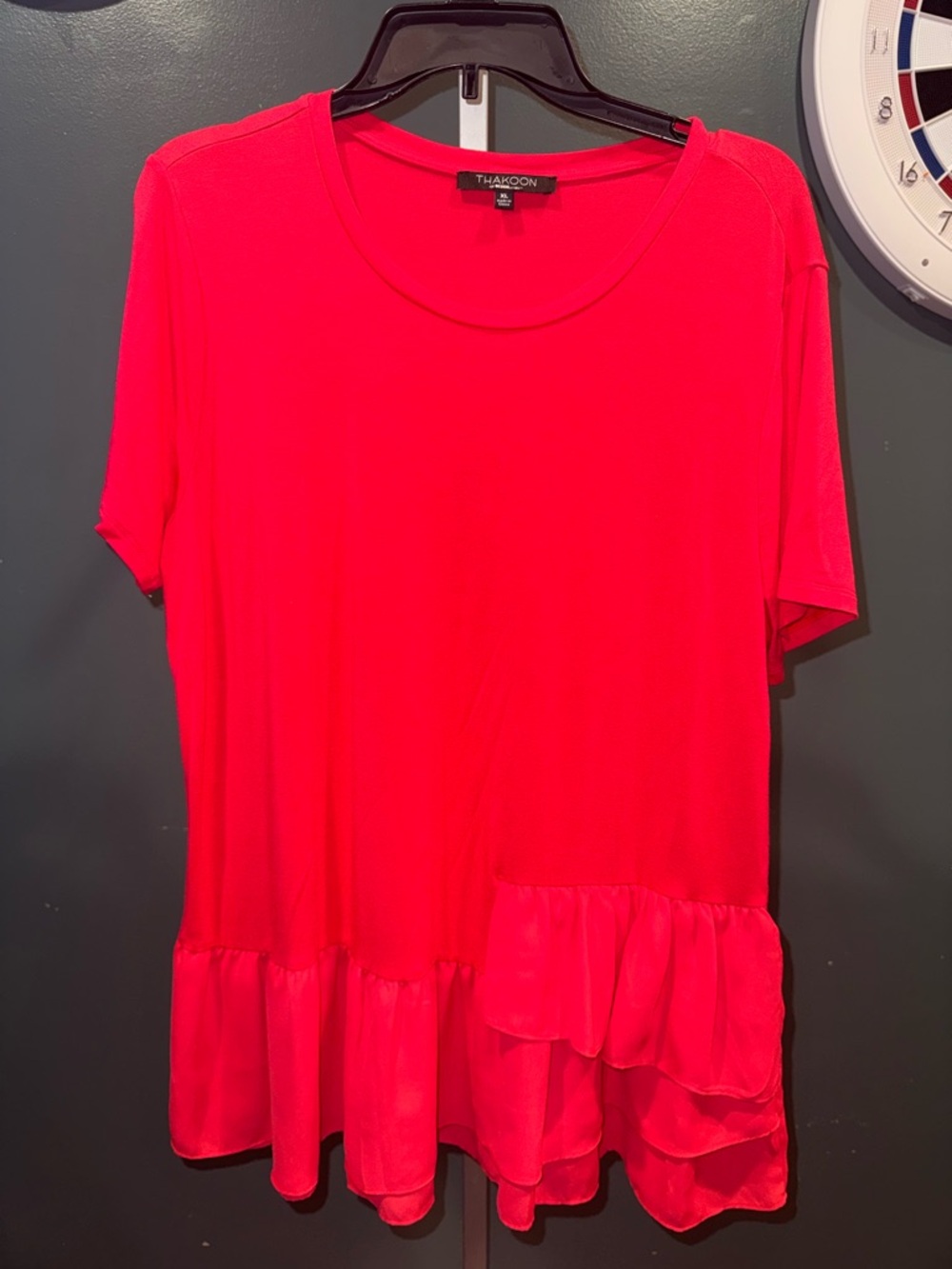 Thakoon Red Ruffle-Hem Short Sleeve Top